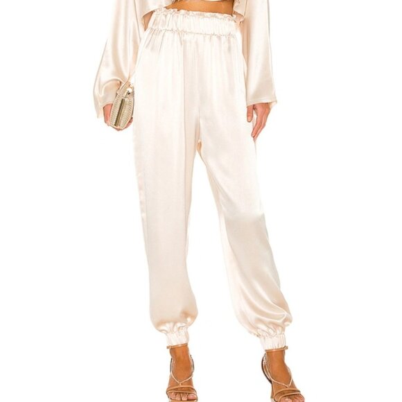 Nonchalant Label Womens Evory Pant Elastic Waist Ruffle Trim Champagne Small - Picture 1 of 6